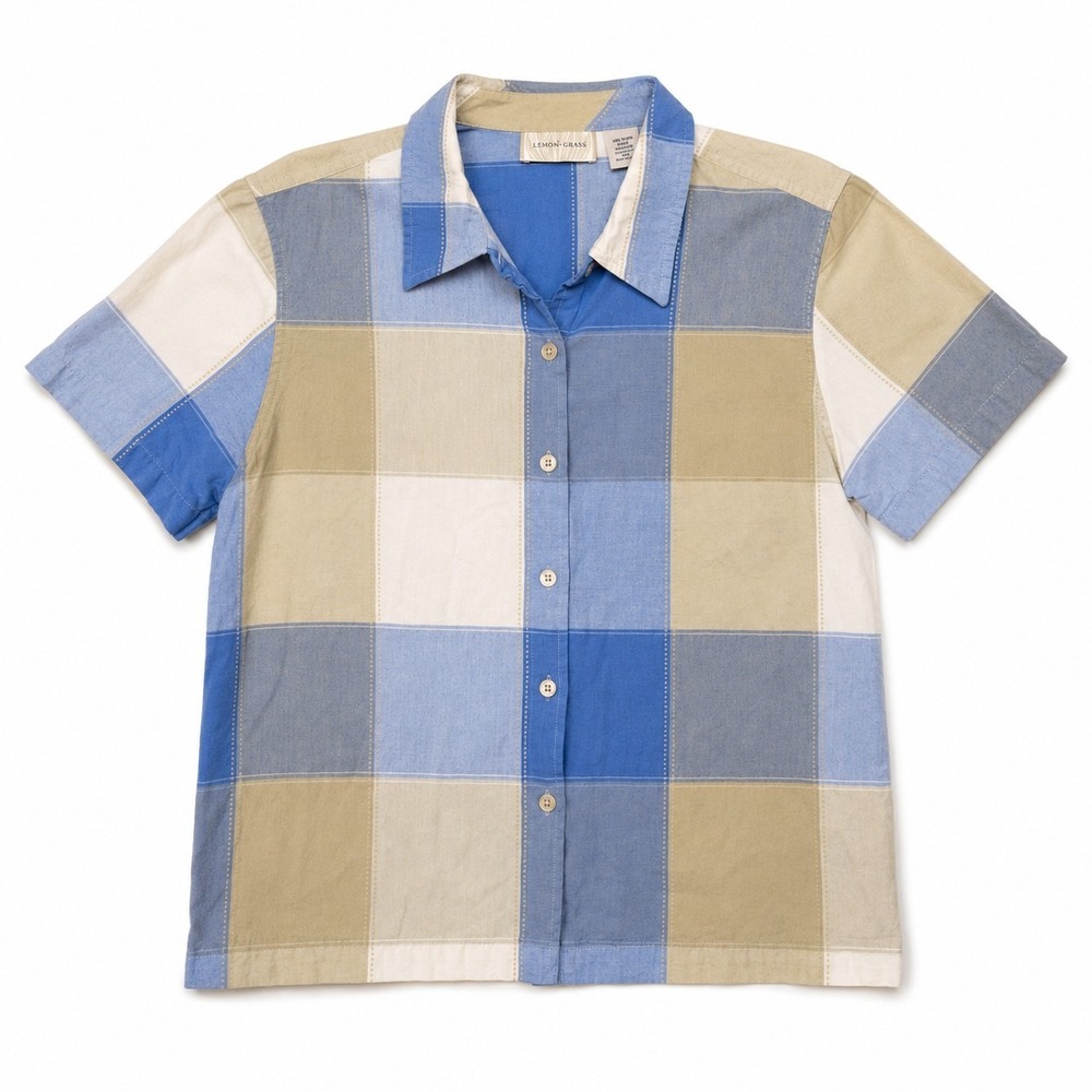 Lemon Grass Women's XL Blue Beige Plaid Cotton Short Sleeve Button Front Shirt